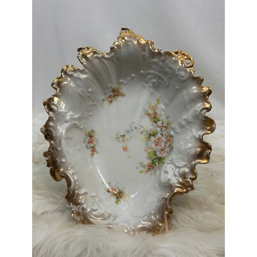 Antique‎ Dresdon RS Prussia Porcelain Floral Bowl Gold Gilt Scalloped Germany